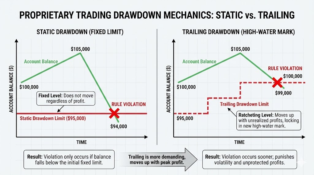prop firm drawdown trailing vs static