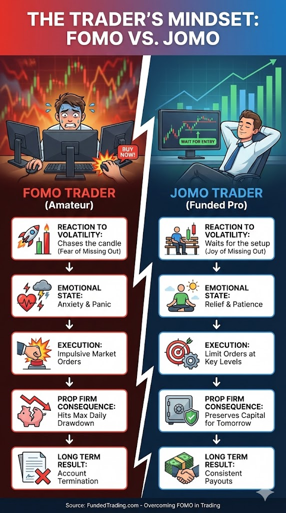 Fomo vs Jomo. Overcoming FOMO in trading infographics